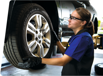 women associate inspecting a tire