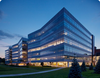 Exterior of Goodyear Akron Global Headquarters building at dusk