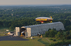 The Spirit of Goodyear blimp soars over The Goodyear Tire & Rubber Company's Wingfoot Lake airship base near Suffield, Ohio.