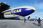 The Goodyear Tire & Rubber Company's blimp, Wingfoot One, is moved from the Wingfoot Lake Hangar in preparation for its first flight on March 17, 2014.