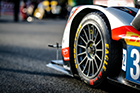 A Goodyear Eagle F1 SuperSport tire on a racecar at the 2021 FIA World Endurance Championship (WEC)