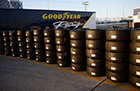 Goodyear racing tires stacked at the Daytona 500 event in 2016