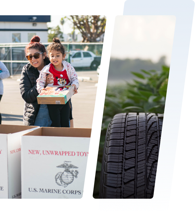 Mother holding daughter and donating toy to Goodyear and Marine Corps Toys for Tots donation event